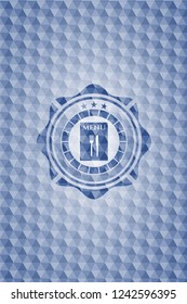 restaurant menu icon inside blue emblem or badge with abstract geometric pattern background.