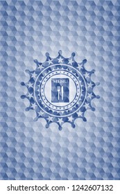 restaurant menu icon inside blue badge with geometric pattern background.