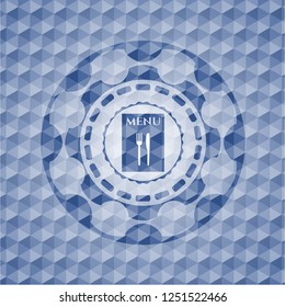 restaurant menu icon inside blue badge with geometric background.