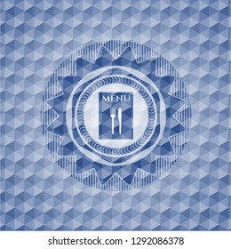 restaurant menu icon inside blue badge with geometric pattern background.