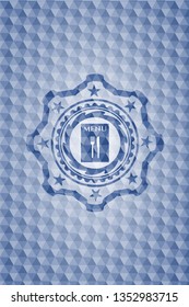 restaurant menu icon inside blue emblem or badge with abstract geometric polygonal pattern background.