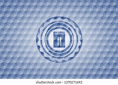 restaurant menu icon inside blue badge with geometric pattern.