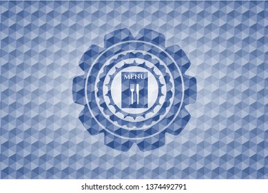restaurant menu icon inside blue hexagon emblem.