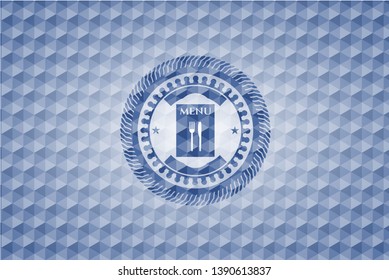 restaurant menu icon inside blue hexagon emblem.