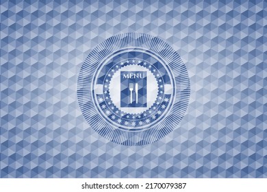 restaurant menu icon inside blue polygonal emblem. 