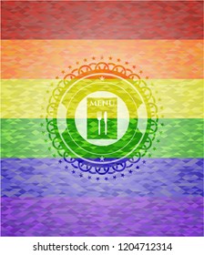 restaurant menu icon inside emblem on mosaic background with the colors of the LGBT flag