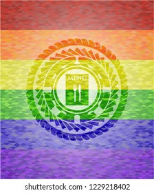 restaurant menu icon inside emblem on mosaic background with the colors of the LGBT flag