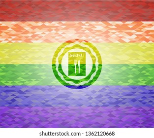restaurant menu icon inside emblem on mosaic background with the colors of the LGBT flag