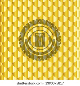 restaurant menu icon inside gold shiny badge. Scales pattern. Vector Illustration. Detailed.