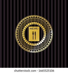 icono del menú del restaurante dentro de una insignia dorada brillante