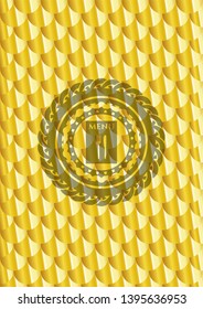 restaurant menu icon inside golden emblem or badge. Scales pattern. Vector Illustration. Detailed.