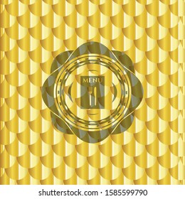 restaurant menu icon inside golden emblem. Scales pattern. Vector Illustration. Detailed.