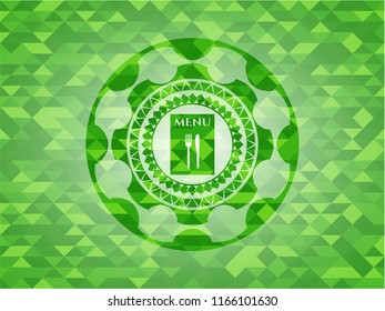 restaurant menu icon inside green emblem with mosaic background