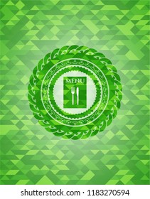 restaurant menu icon inside green emblem with triangle mosaic background
