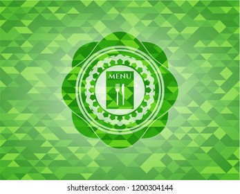 restaurant menu icon inside green emblem with triangle mosaic background