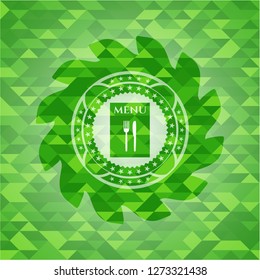 restaurant menu icon inside green emblem with mosaic ecological style background