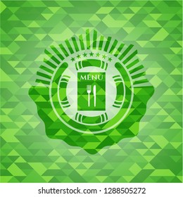 restaurant menu icon inside green emblem with triangle mosaic background