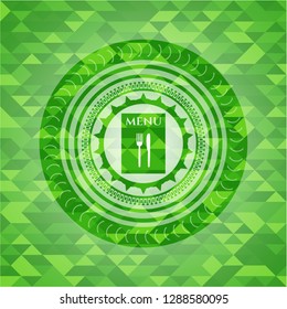 restaurant menu icon inside green emblem. Mosaic background