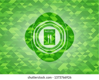 restaurant menu icon inside green emblem. Mosaic background