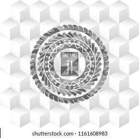 restaurant menu icon inside grey emblem with geometric cube white background