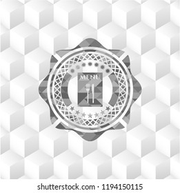 restaurant menu icon inside grey badge with geometric cube white background