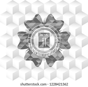 restaurant menu icon inside grey badge with geometric cube white background