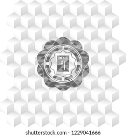 restaurant menu icon inside grey emblem with geometric cube white background