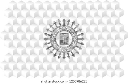 restaurant menu icon inside grey emblem with geometric cube white background