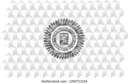 restaurant menu icon inside grey badge with geometric cube white background