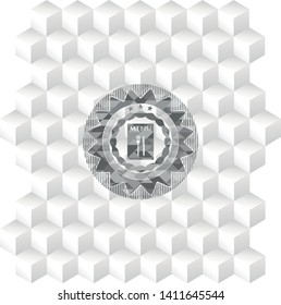 restaurant menu icon inside grey badge with geometric cube white background