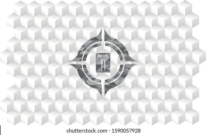 restaurant menu icon inside grey badge with geometric cube white background