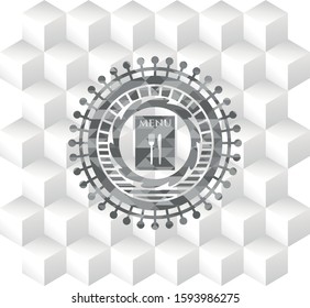 restaurant menu icon inside grey badge with geometric cube white background