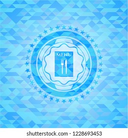 restaurant menu icon inside light blue emblem with mosaic background