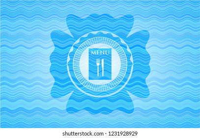 restaurant menu icon inside light blue water style emblem.