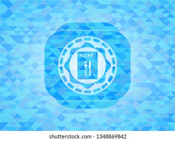 restaurant menu icon inside light blue emblem with mosaic background