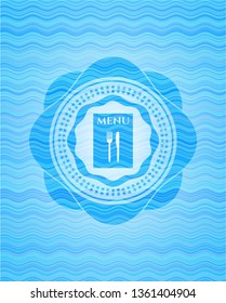 restaurant menu icon inside light blue water wave emblem background.