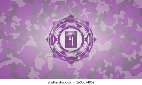 restaurant menu icon inside pink and purple camouflage texture