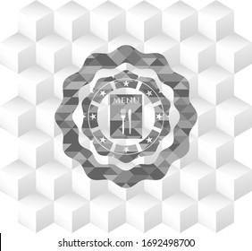 icono del menú del restaurante dentro de un emblema gris realista con fondo blanco cúbico geométrico