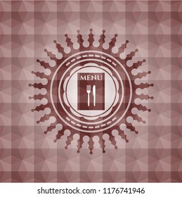 restaurant menu icon inside red seamless geometric pattern emblem. Seamless.