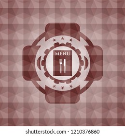 restaurant menu icon inside red seamless emblem with geometric background.