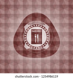 restaurant menu icon inside red seamless emblem or badge with geometric pattern background.