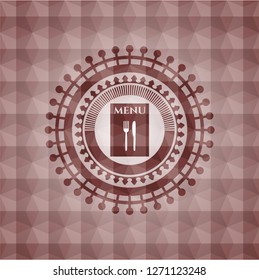 restaurant menu icon inside red emblem or badge with geometric pattern background. Seamless.