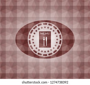 restaurant menu icon inside red badge with geometric pattern background. Seamless.