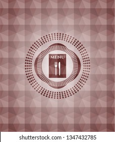 restaurant menu icon inside red geometric pattern emblem. Seamless.