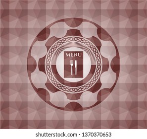 restaurant menu icon inside red emblem with geometric pattern. Seamless.