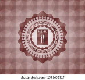 restaurant menu icon inside red emblem with geometric background. Seamless.