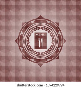 restaurant menu icon inside red emblem with geometric background. Seamless.