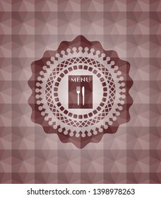 restaurant menu icon inside red emblem or badge with abstract geometric pattern background. Seamless.