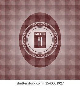 restaurant menu icon inside red seamless badge with geometric pattern background.