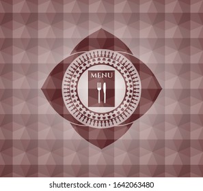 restaurant menu icon inside red badge with geometric background. Seamless.
